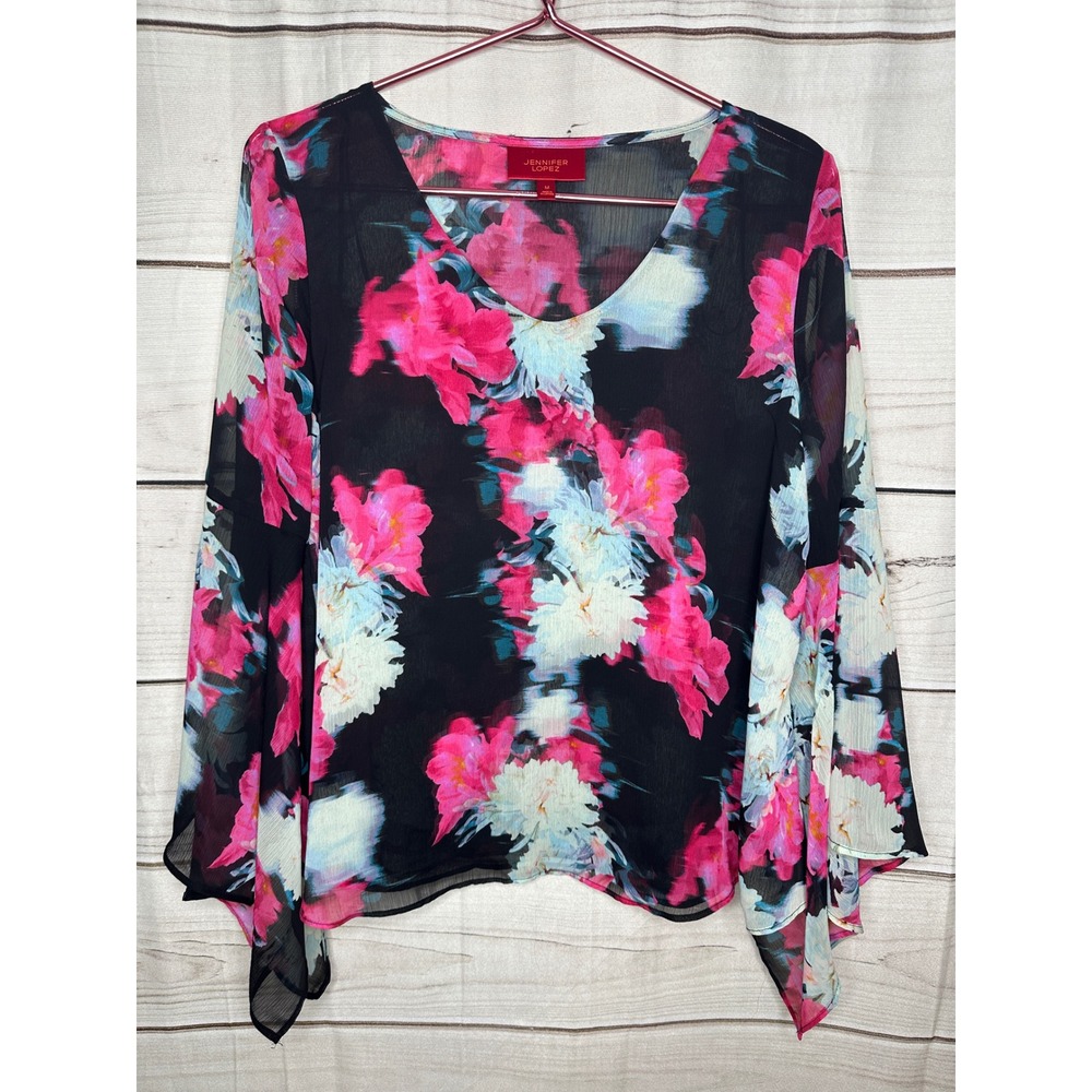 Jennifer Lopez Floral Blouse Women Medium Black Pink Chiffon Bell Sleeve V-Neck